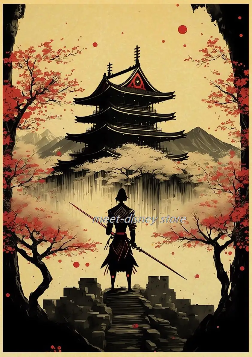 Red Moon Japanese Architecture Poster Harajuku Kraft Paper Posters Home Decoration Coffee Aesthetic Chambre Wall Dormitory