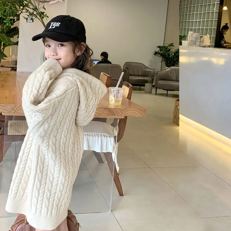 Girls' 2025 AW Stylish Long Knit Sweater Hooded Casual Dress for 4-12Y
