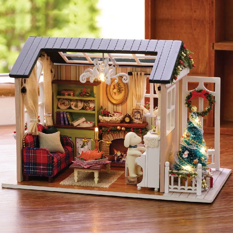 

Christmas DIY Miniature Dollhouse Kit Assemble Puzzle 3D Wooden House Room Craft With Furniture LED Lights Children's Gift Toys
