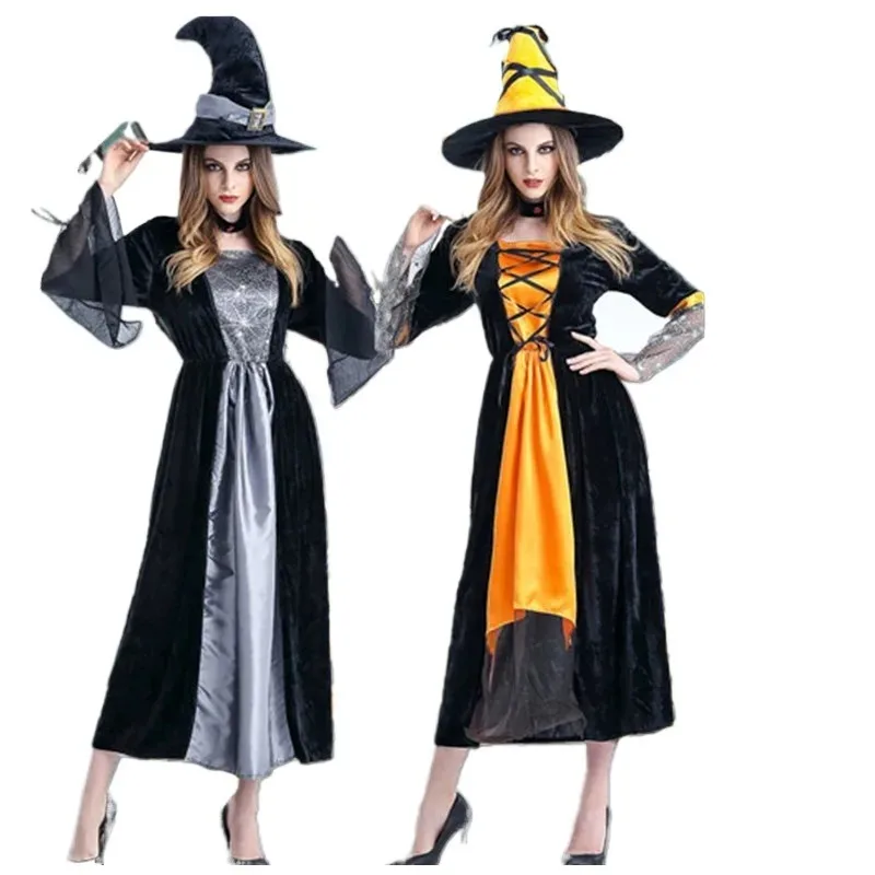 

New Halloween Cosplay Costume Witch Classic Black Velvet Flared Sleeves Long Dress Carnival Party Role Playing Outfits for Women