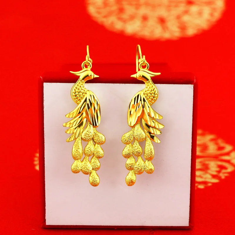 Fashion 14K Yellow Gold Color Phoenix Earrings for Women Bride 3D Female Earring Wedding Engagement Fine Jewelry Gifts