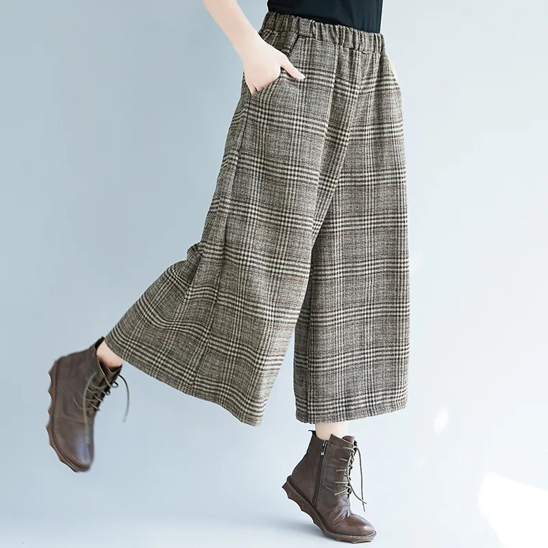 Johnature Wide Leg Loose Plaid Women Pants Elastic Waist Calf-Length 2024 New Casual Office Lady Women Pants