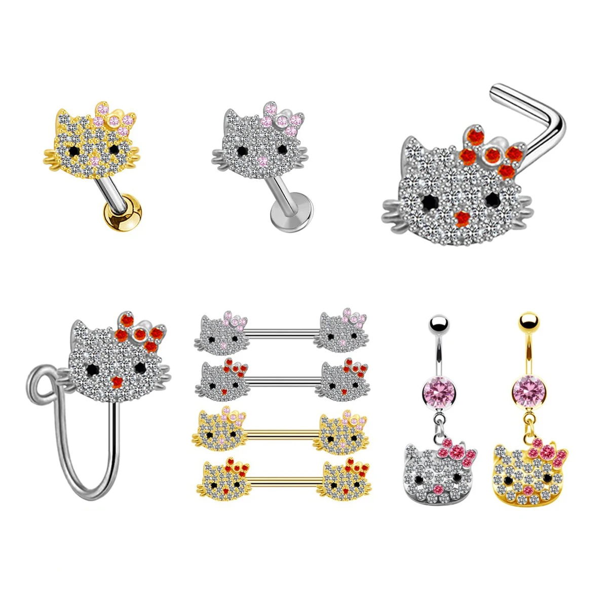 Anime Cartoon Sanrio Crystal Hello Kitty Belly Button Ring Y2K Metal Nose Clip Lip Cartoon Ear Stud Women Body Piercing Jewelry