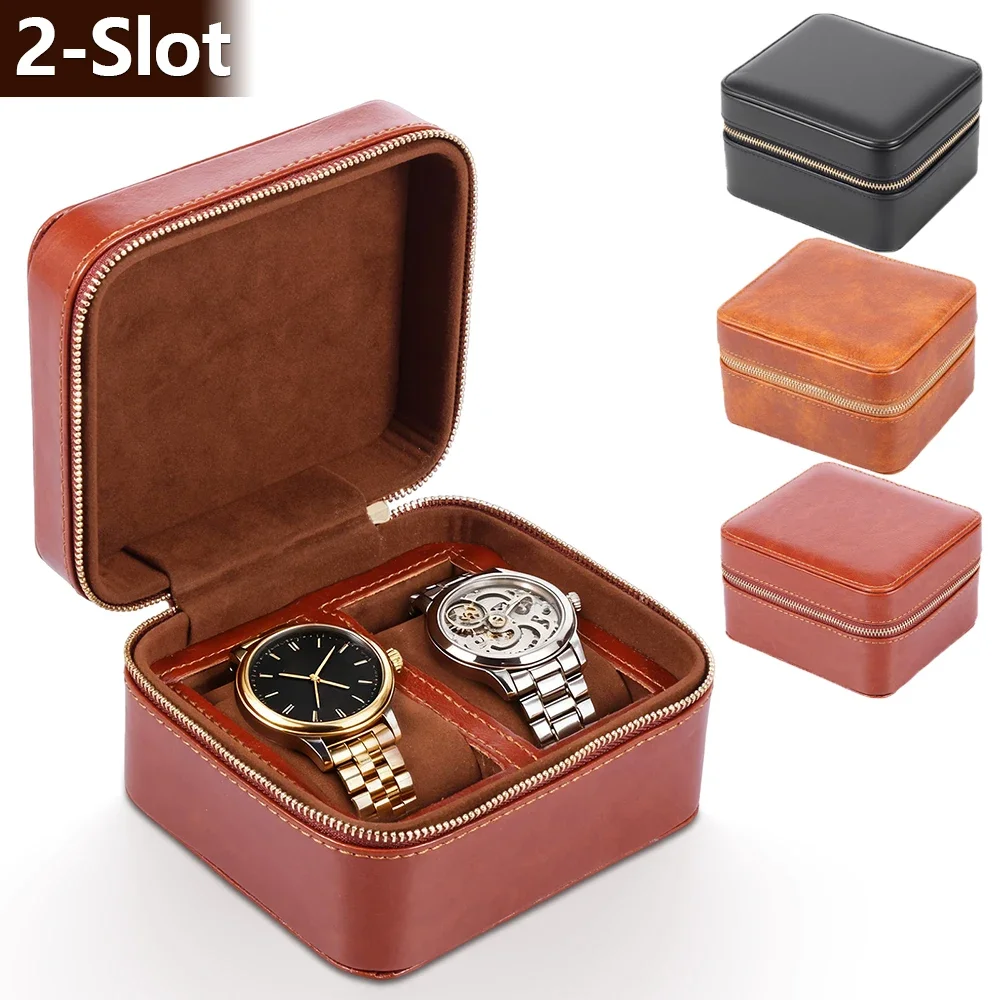 

Коробка для хранения часов на 2 слота из искусственной кожи с замшевым покрытием и молнией, портативный дорожный органайзер для часов