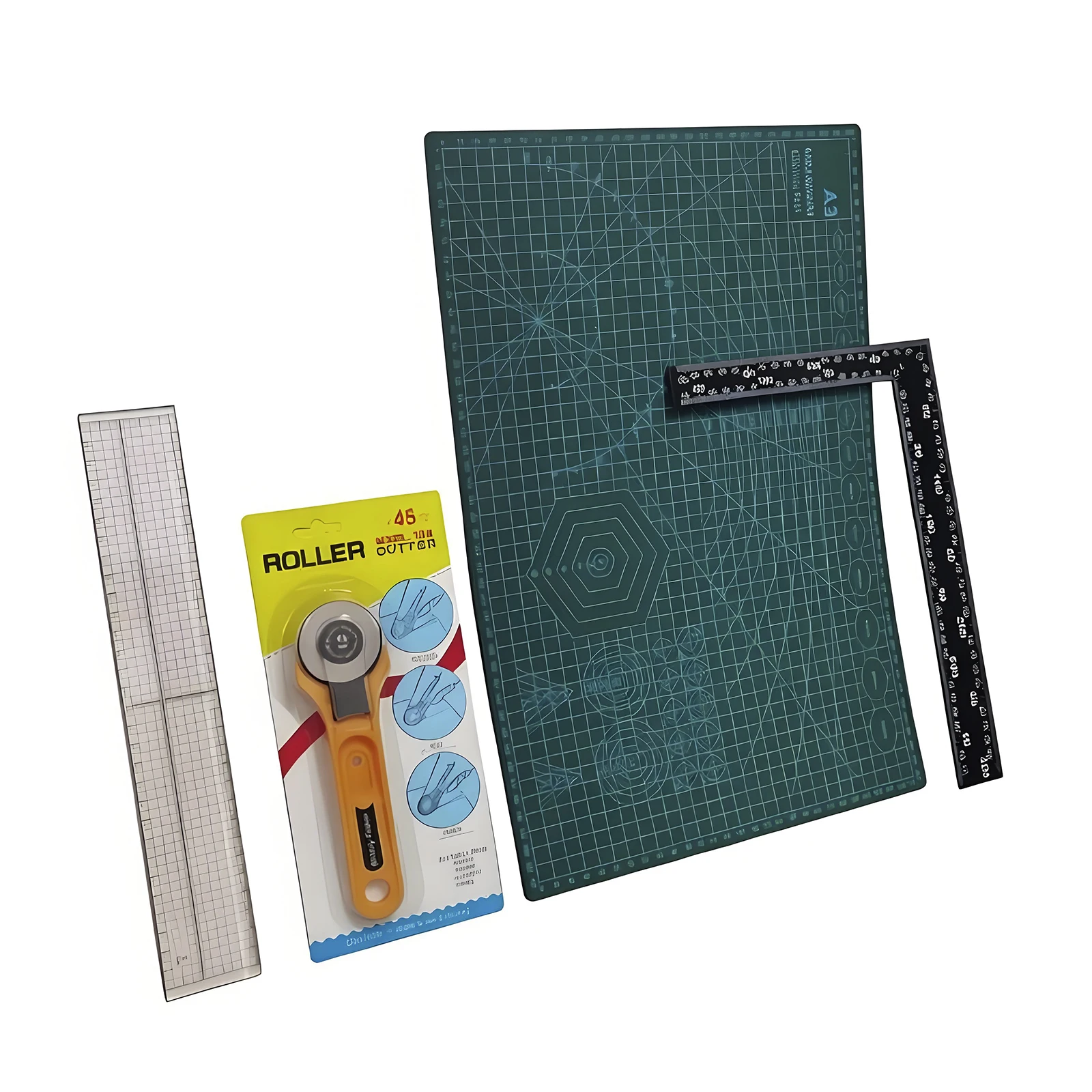 4Pc SET A3 Cutting Mat Roller Cutter 30cm Right angle ruler 30x5cm fixed cutting ruler with iron edge Leather tools Office