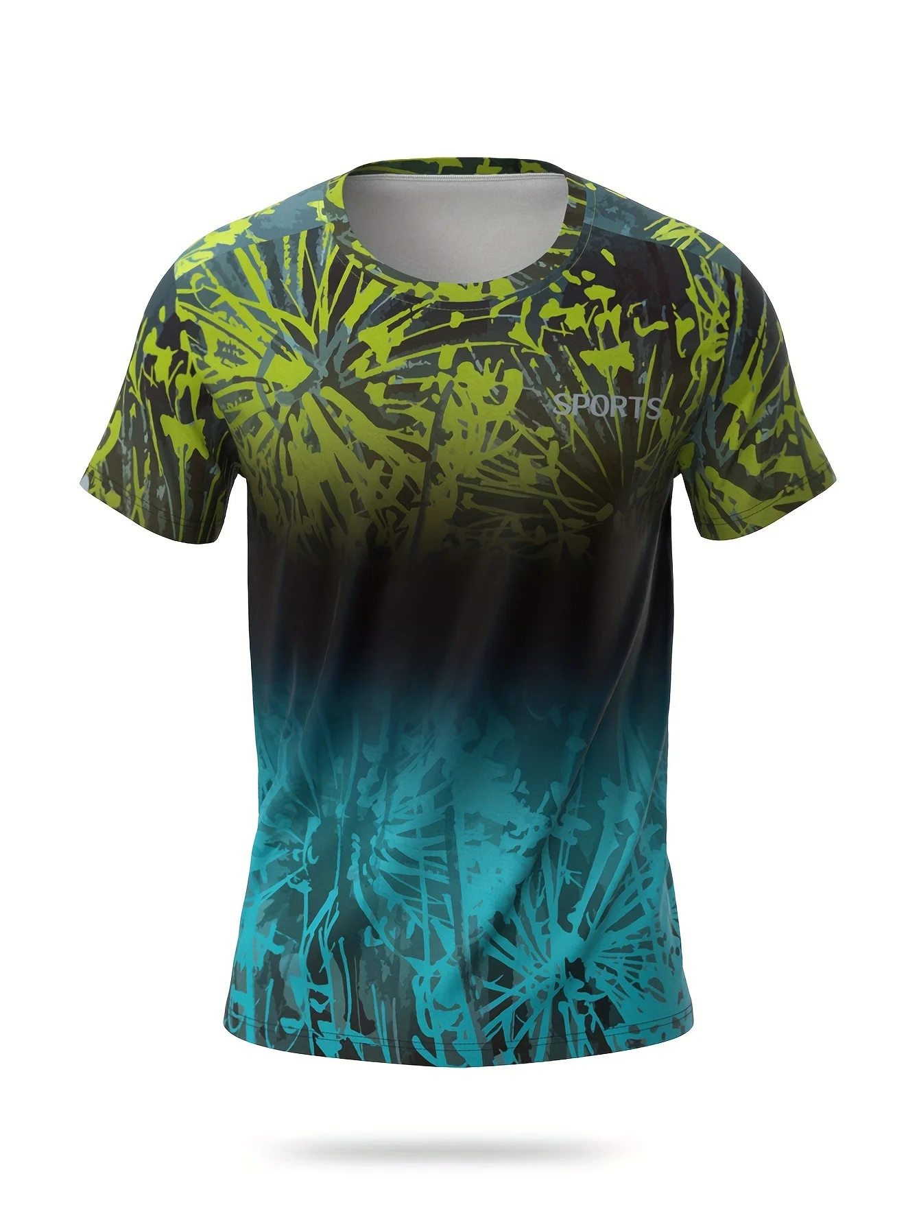 Men Sports Raglan Short Sleeve T-shirt High Elastic Quick Dry Palm Leaf Gradient Print Breathable Outdoor Fitness Top
