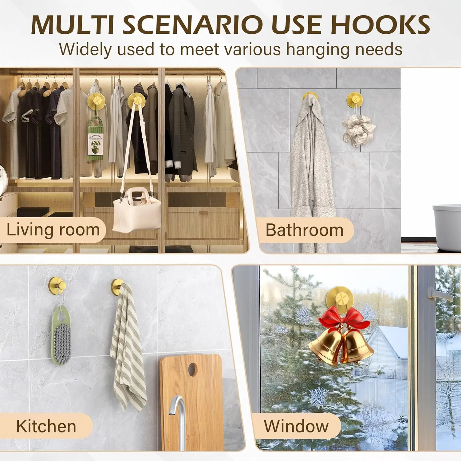 Stainless Steel Suction Cup Hook, Detachable Shower Hook, Bathroom Towel, Clothing, Robe, Hanger Hook, 2-Piece Set (Gold)