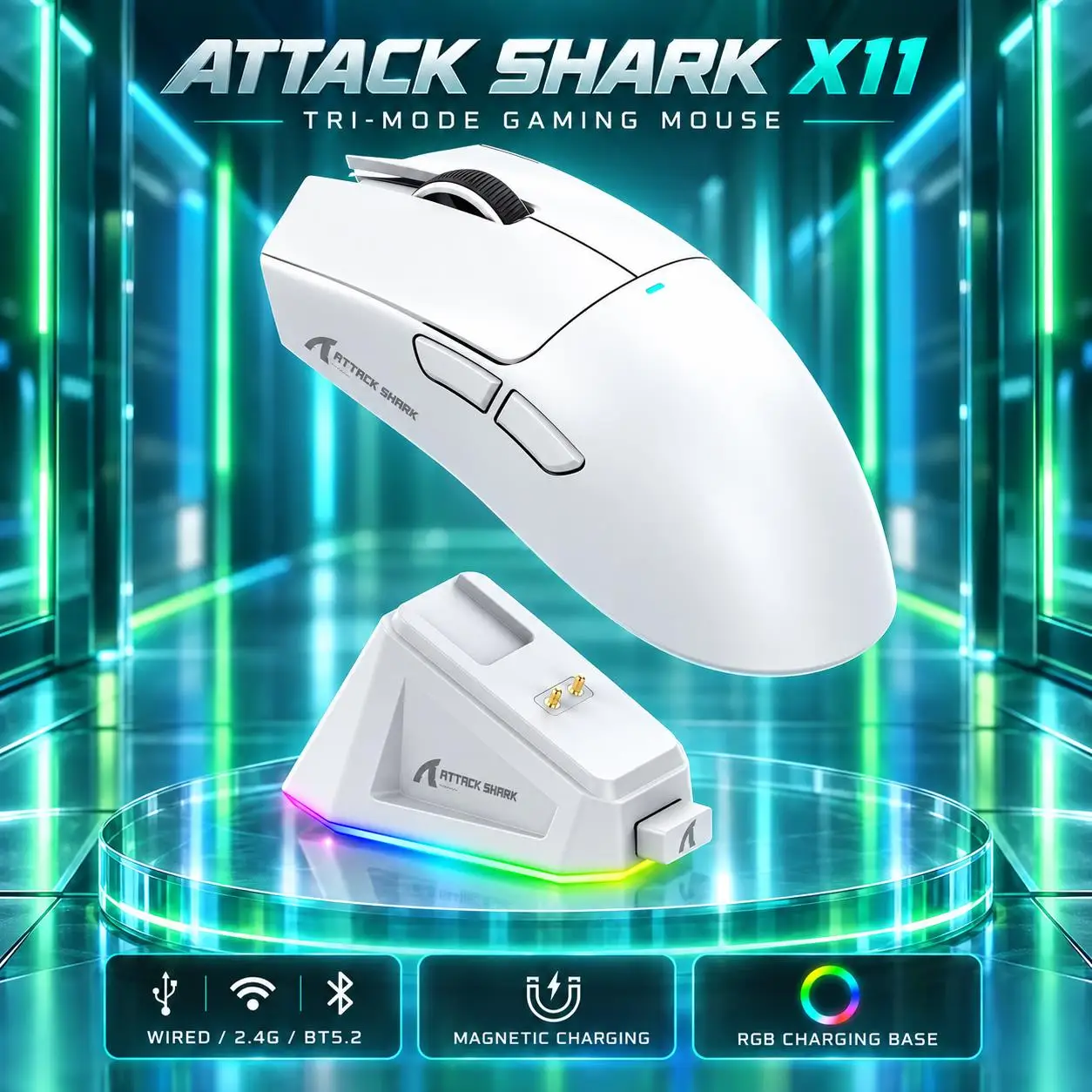 ATTACK SHARK X11 Portable Tri-Mode Lightweight Mouse PAW3311 22000 DPI 2.4G BT Type-C 65H RGB Magnetic Dock for PC Laptop