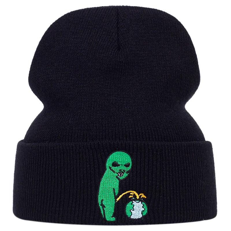 Cute cotton Knitted beanies Hats Green Alien Embroidery wool Hats Winter outdoor ski hat Skull beanie hat Beanie hats gorras