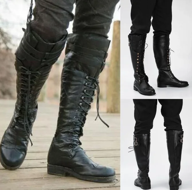 

Boots Men Long Western Below Knee Knight Style Boots Vintage Mens Winter Cowboy Western Boots Retro Long Classic PU Boots New