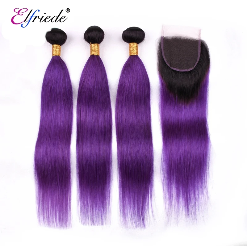 Elfriede #1B/Purple Straight Ombre Colored Hair Bundles with Closure 100% Remy Human Hair Weaves 3 Bundles with Lace Closure 4x4