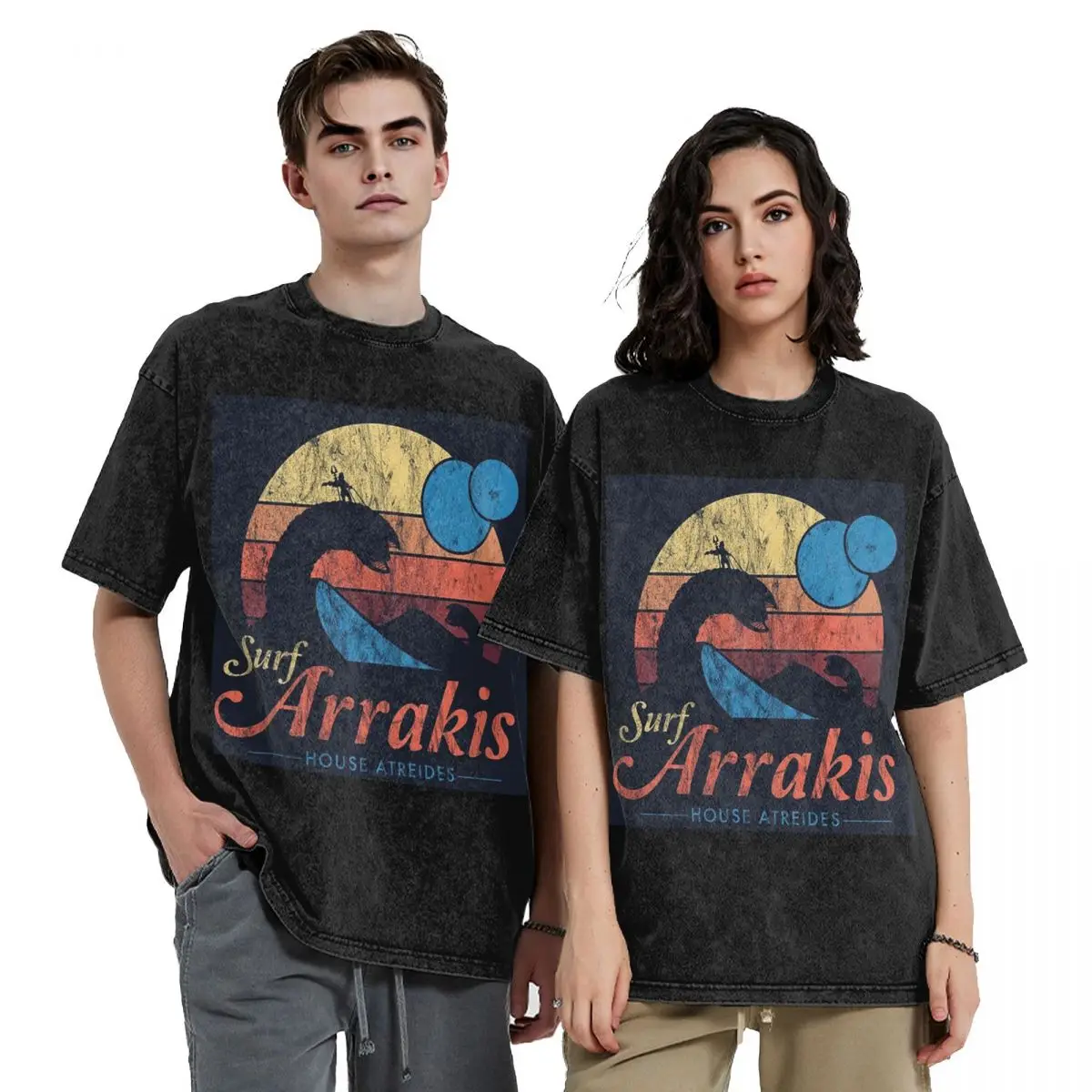 

Visit Arrakis Distressed Surf Dune Sci Fi Hip Hop Short Sleeve T-Shirts Washed Tops Tees Streetwear T Shirt Casual for Men Women