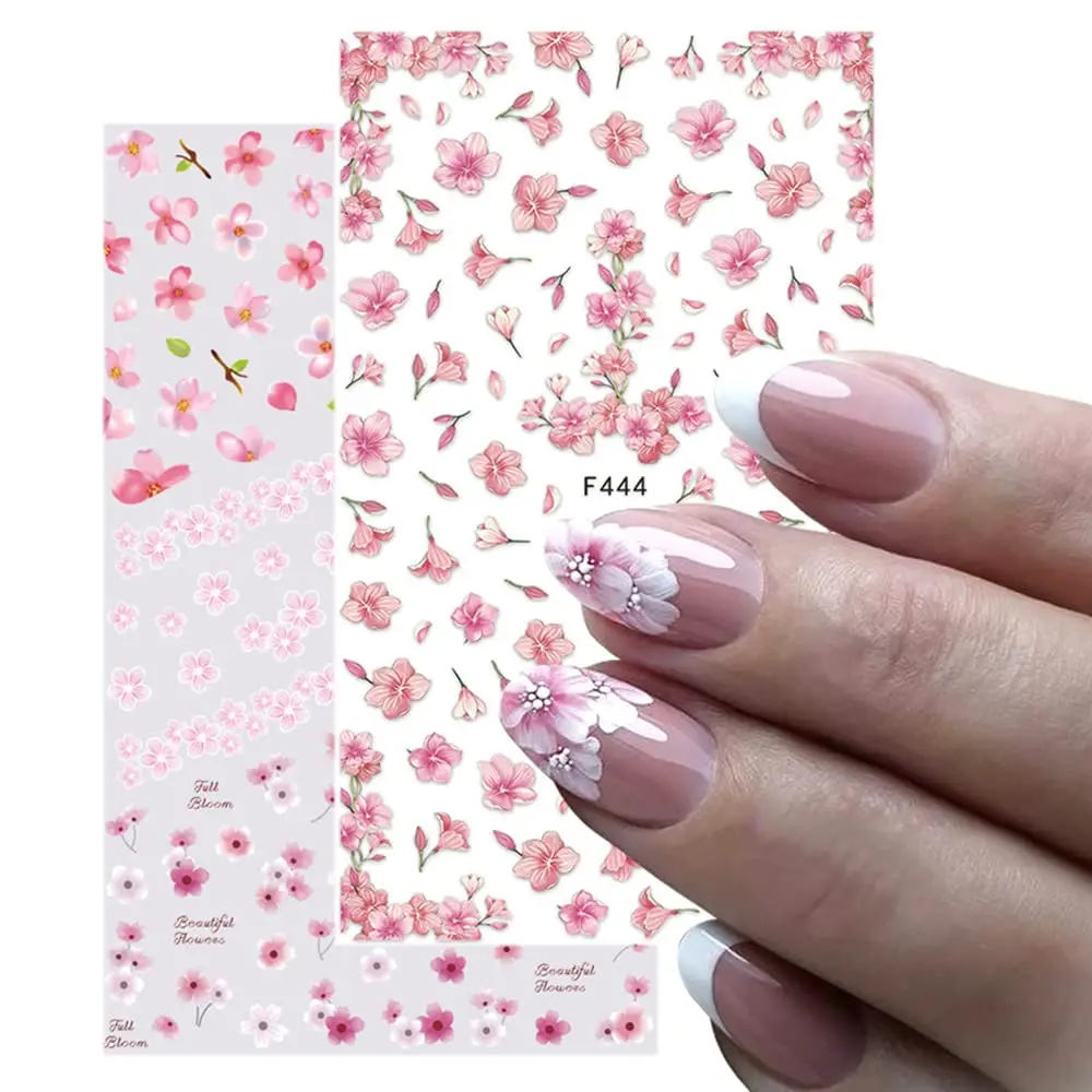 1Sheet Pink Cheery Blossom Nail Decals Summer Series Floral/Ink Painting Flowers Self-Adhesive Slider Paster 3D Manicure Sticker