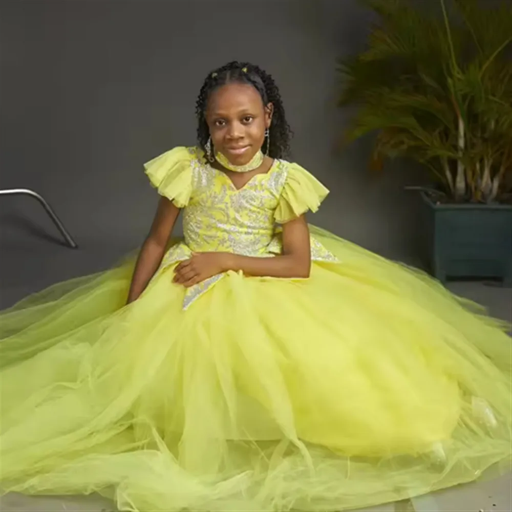 

Luxury Yellow Flower Girl Wedding Dress Sequined Little Girls Ball Gown Princess Birthday Party First Communion Dress Customized