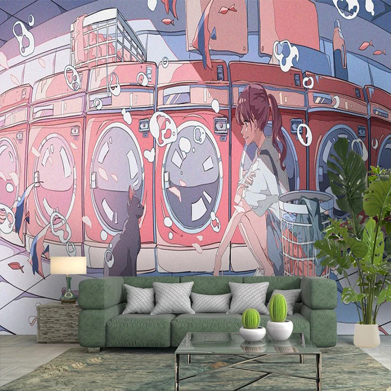 1PC Pink Anime Girl Laundry Art Print Backdrop Banner, Bedroom Living Room Photo Background, Polyester, Home Decor, Wall Art