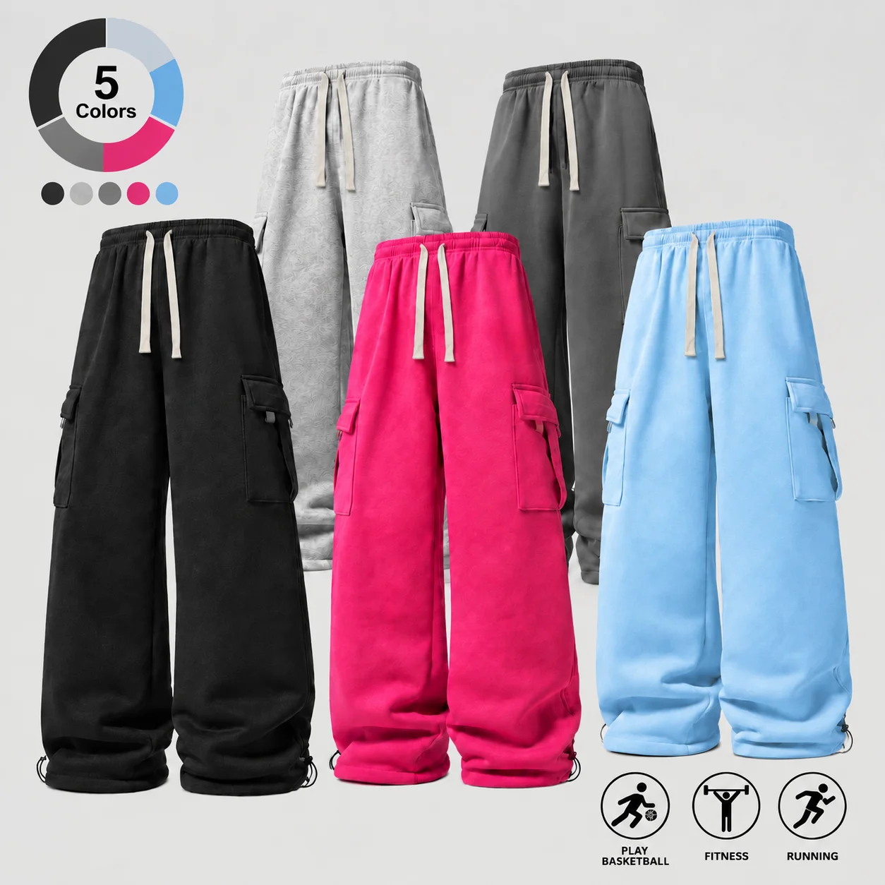 Men Multi-color Cargo Wide Leg Sweatpants, Drawstring Elastic Waist, Large Side Patch Pockets, Adjustable Hem Drawstring, Soft Drape Fabric, Loose Straight Trousers for Basketball Fitness Running Street Casual