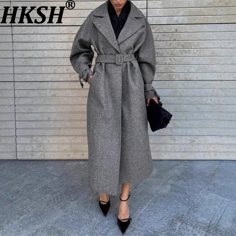 

HKSH 2025 Autumn Winter New Women's Long OverCoat Solid Color Belt Turn-down Collar Elegant Trendy Outwear Casual Jacket HK14217