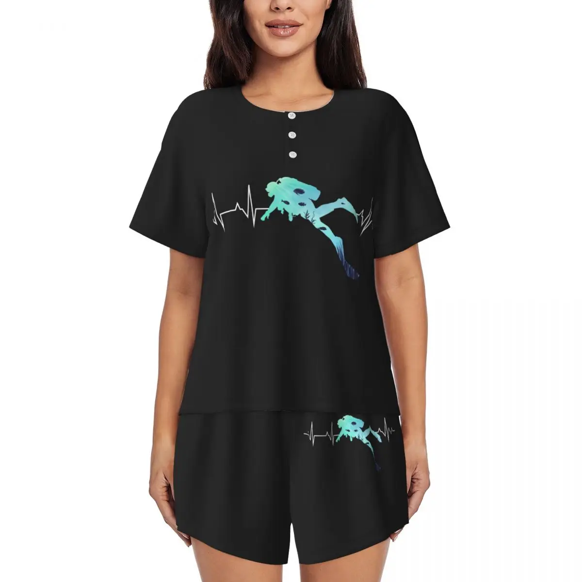 

Custom Scuba Diving Heartbeat Pajamas Set for Women 2 Piece Short Sleeve Dive Diver Sleepwear Loungewear PJ Shorts Sets