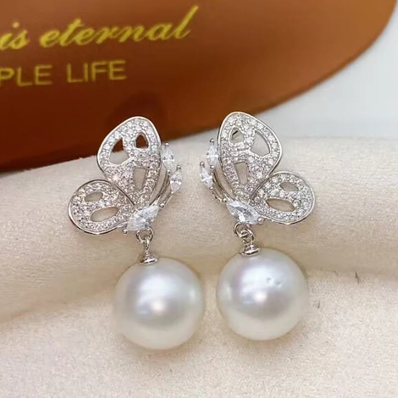 MeiBaPJ 11-12mm Natural Round Pearls Fashion Butterfly Drop Earrings 925 Silver Holder Empty Tray Fine Wedding Jewelry for Women