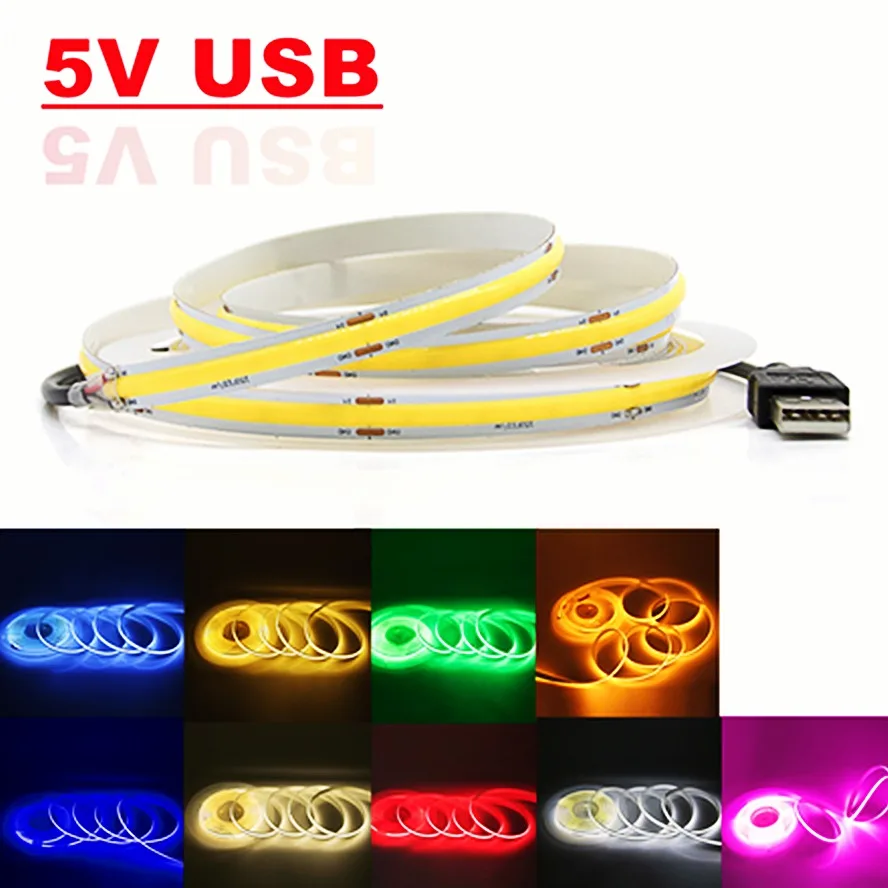 DC5V 320 diod LED/M USB COB Strip Dekoracja pokoju Oświetlenie szafki Lampa TV Podświetlenie Elastyczna wstążka Lina Taśma LED Ciepłe światło