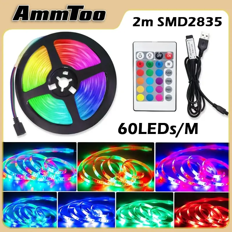 60 LEDs/m USB ไฟ LED Strip เทป 2 m 2835 24 คีย์ IR รีโมทคอนโทรลสําหรับห้องครัวตู้เสื้อผ้าห้องนอน PC TV Backlight Home Lighting