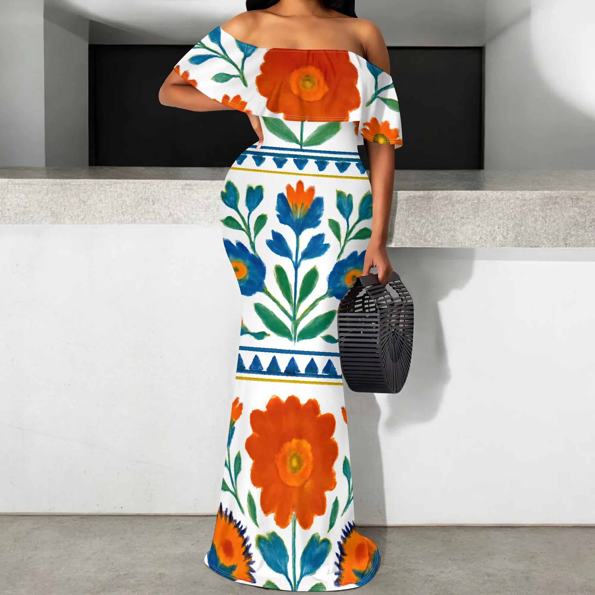 

Boho Floral Print Maxi Dress S-3XL Off Shoulder Colorful Summer Beach Dress