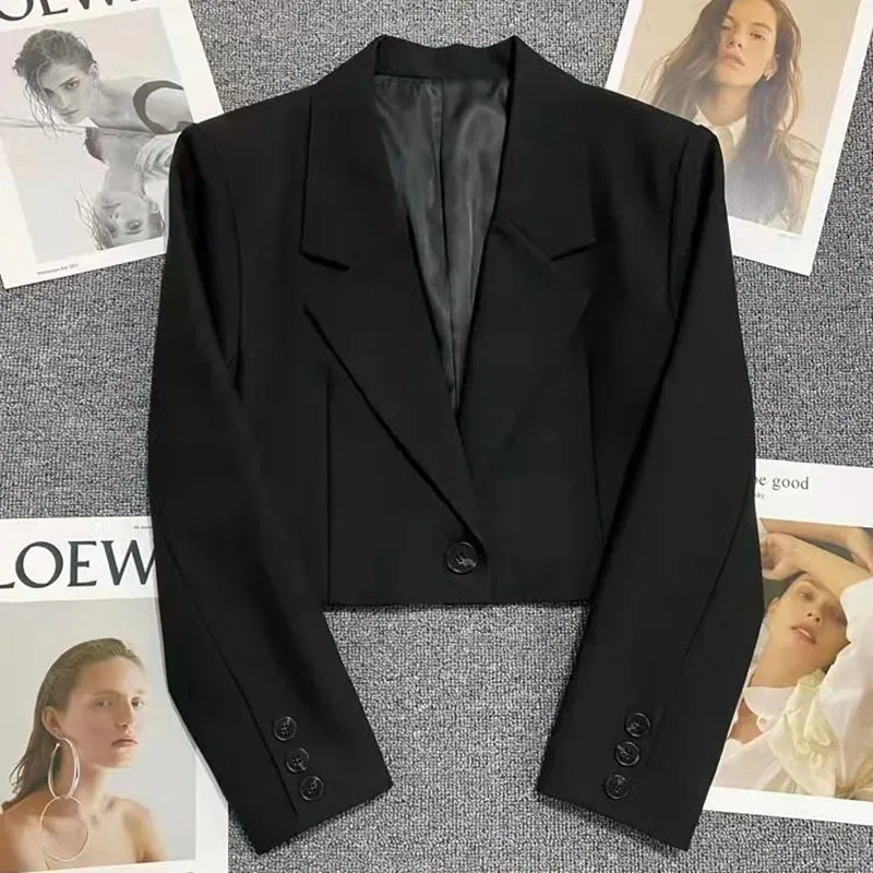 Blazer court noir à col cranté pour femme, veste courte, manteau imbibé, bouton unique, tout assressenti, chic, coréen, tendance, nouveau, 2024