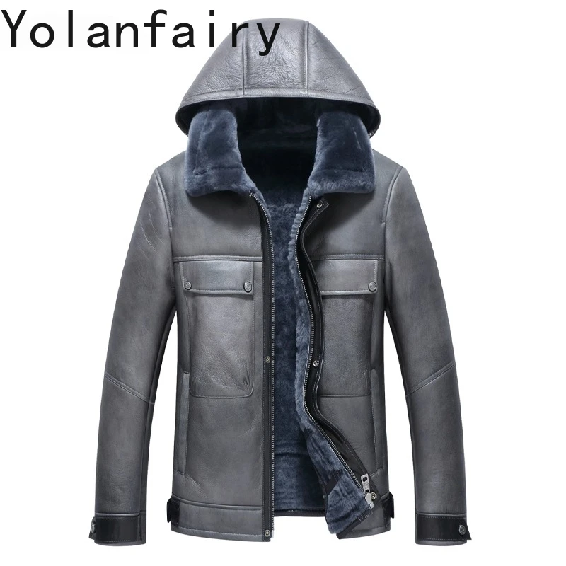 YOLANFAIRY Mantel Bulu Alami Musim Dingin 2025 Mewah Pria Jaket Kulit Domba Asli Pria Jaket Mantel Bulu Wol Hangat dengan Tudung yang Dapat Dilepas