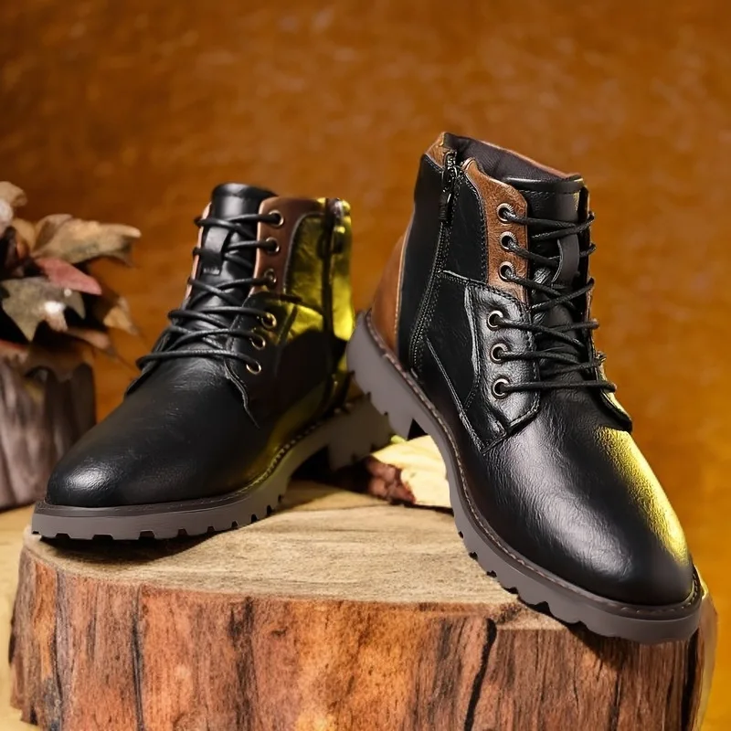 Leather Men Ankle Boots Plus Size High Top Shoes Outdoor Work Casual Shoes Motorcycle Military Combat Boots Fashion Autumn Brown view 5
