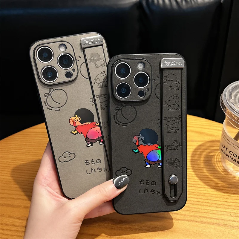 

Cute Anime Crayon Shin-chan Wrist strap Bracket Phone case For iPhone 11 12 13 14 15 16 Pro Max Plus Suede Soft Leathe Shell﻿﻿