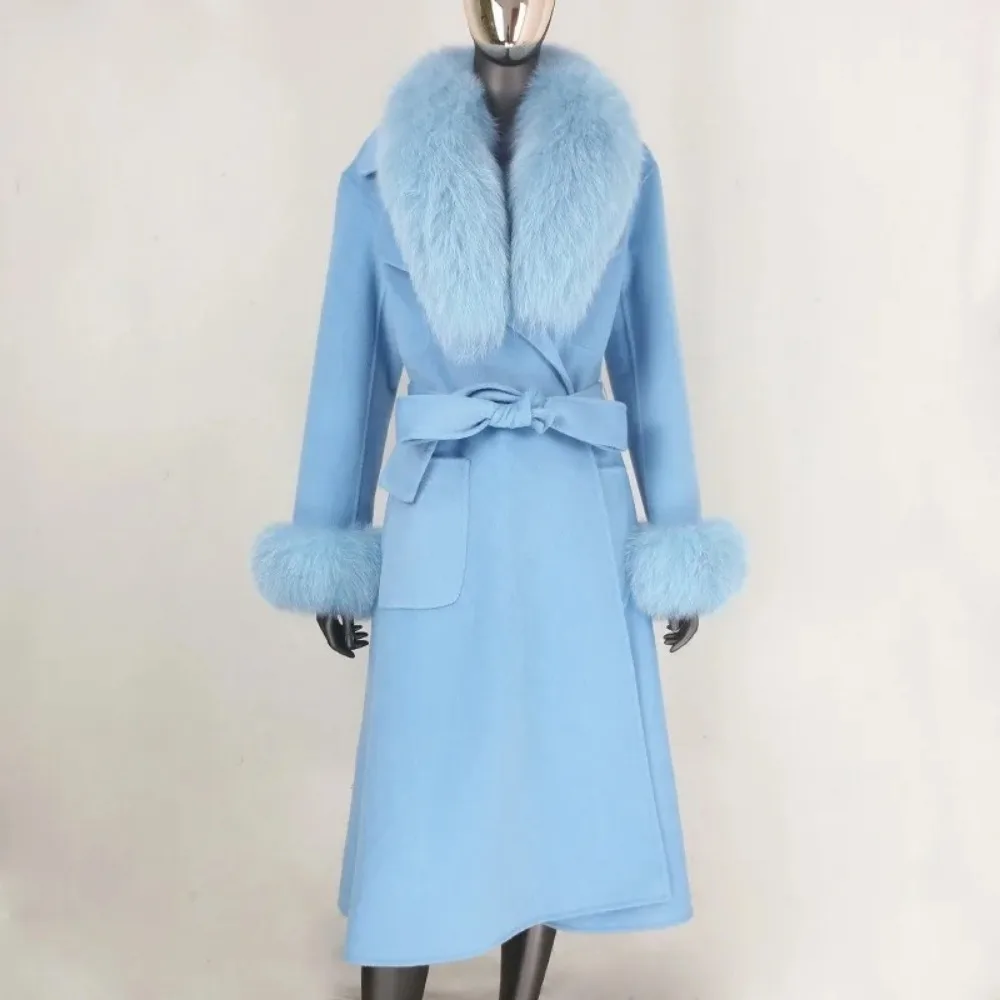 Cashmere Wool coat 2024 Autumn-Winter Women\'s Fox Fur Coat Large fur collar long skirt slim long jacket High Street