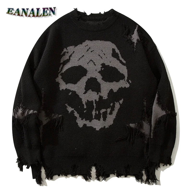 

Harajuku Retro Black Broken Sweater Men's Winter Oversized Demon Skull Pullover Rock Jumper Knitted Grandpa Ugly Sweater Women's