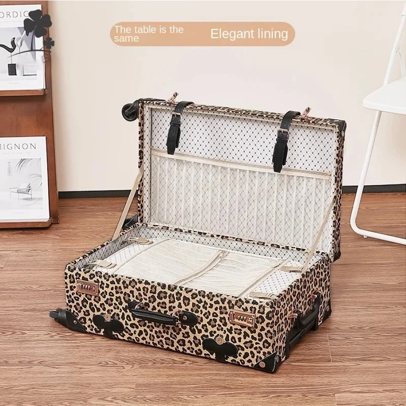 Trendy Retro Luggage Women's Roller Trunk Leopard Print Leather Suitcase 20" Boarding Box Set Waterproof Password Suitcase