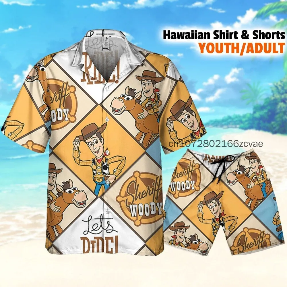 2024 New  Toy Story Hawaii Shirt Set Disney Hawaii Short Sleeve Shirt and Beach Shorts Men's and Women's Set