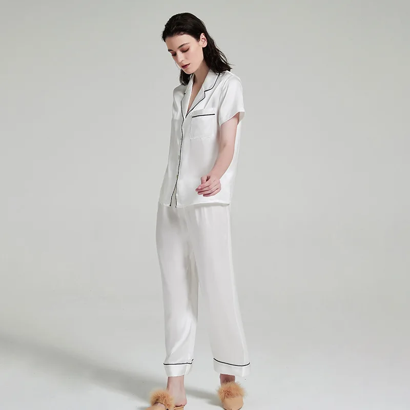 19 مللي متر 100% التوت الطبيعي الحرير وصمة عار بيجامة مجموعة قصيرة الأكمام قميص السراويل الطويلة قطعتين مجموعة المرأة بدلة المنزل عادية مجموعة #3