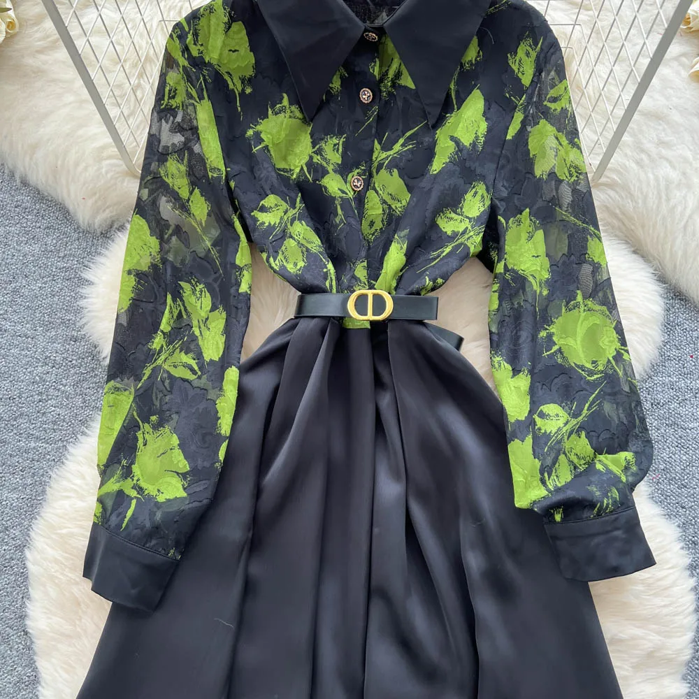 vintage Elegant satin print long sleeve dress Chic Vestidos Women Fashion Retro Party ceremony dresses