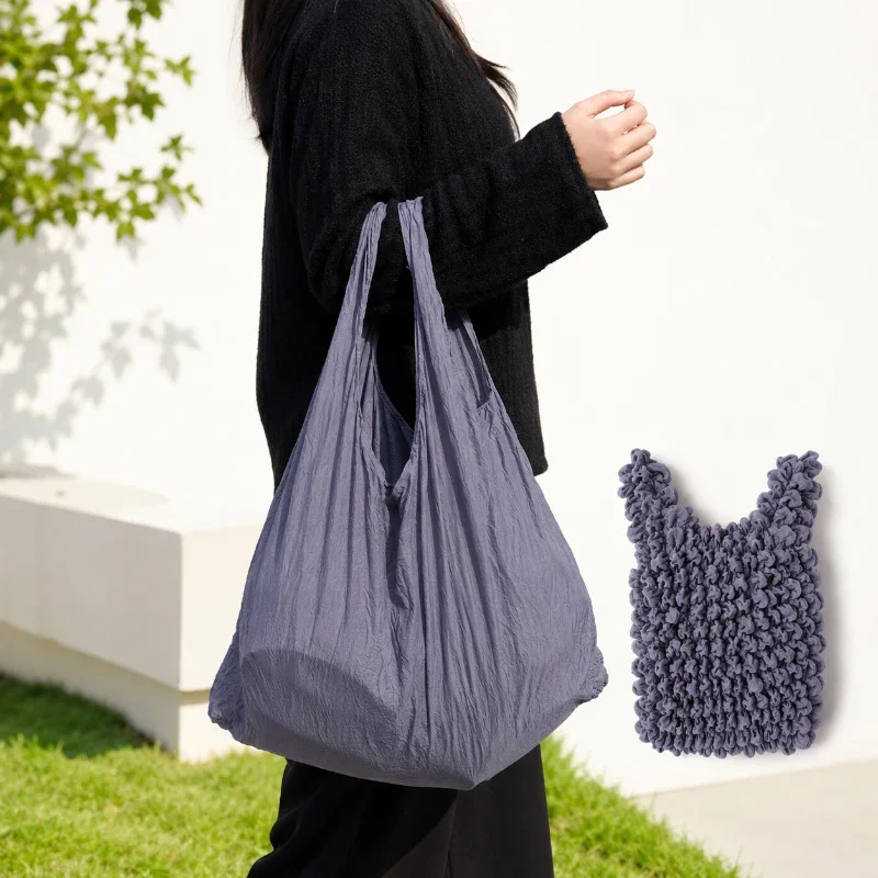 Elastic Shopping Bag Reusable Foldable Tote Bag Stretch Crinkle Grocery Bag Portable Shoulder Handbag for Travel Market Use