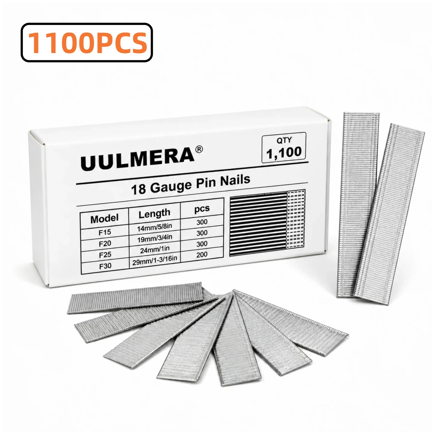 1100pcs 18 Gauge Galvanized Brad Nails  4 Sizes：14mm-29mm Pneumatic Nail Gun Nails Compressed Head Hardware Nails Assortment Kit