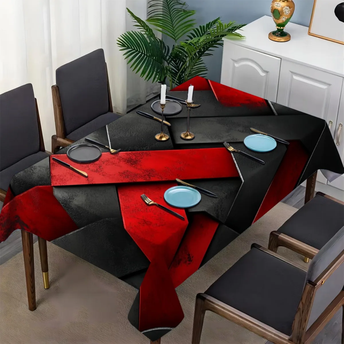 One modern geometric black and red tablecloth - durable polyester rectangular table coverzyc