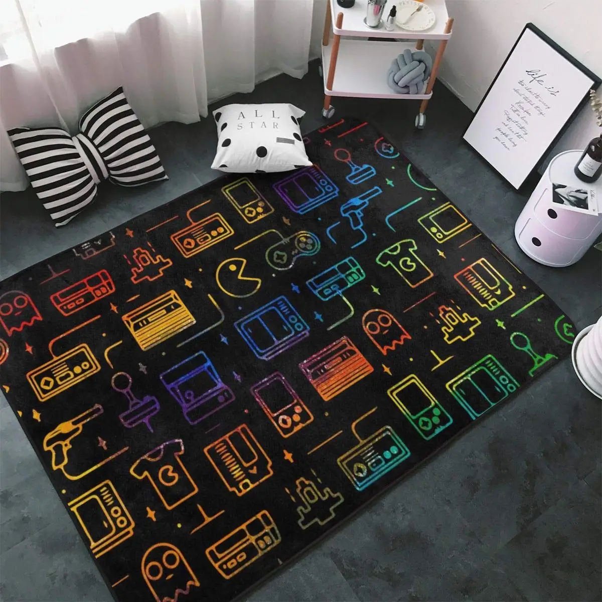 Game Video Gaming Pattern Black Area Rugs Gamer Game Controller Kids Teens Boys Playroom Carpet Bedroom Living Room Floor Mat