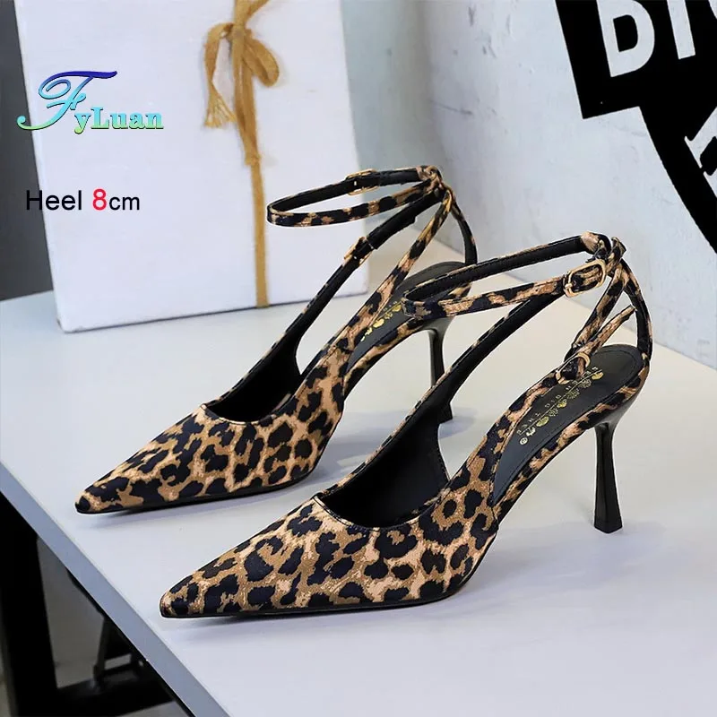 

Leopard Print High Heels Women's Sandals Fashion Pointed Toe Shallow Mouth Stiletto Single Shoes Summer Sexy Satin Lady Sandals