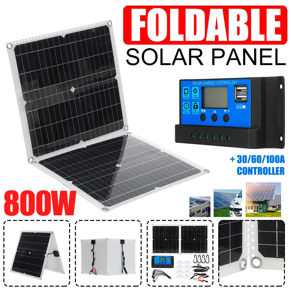 800W Solar Panel With Dual USB+DC Output Portable Foldable Charging Device Outdoor Camping Mobile Power Supply With Controller