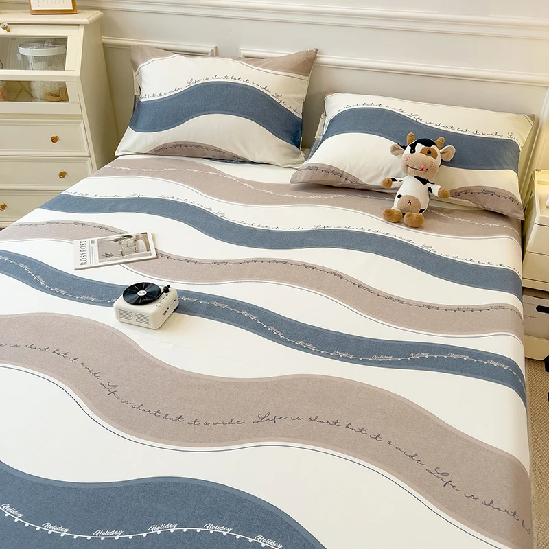 Geometric Cotton Flat Sheet Set Blue Khaki Wave Striped Beige Curve Bed Top Sheets 3Pcs Breathable Elegant Bedding for Women Men image 3