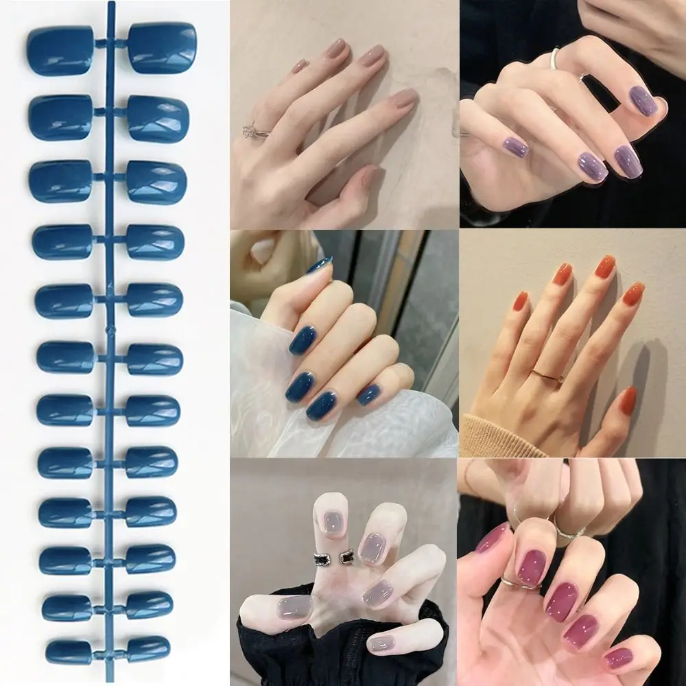 เครื่องมือทำเล็บเล็บปลอมผู้หญิง24ชิ้นแบบถอดได้หัวสี่เหลี่ยมสั้นเล็บปลอมแบบกดสีทึบ