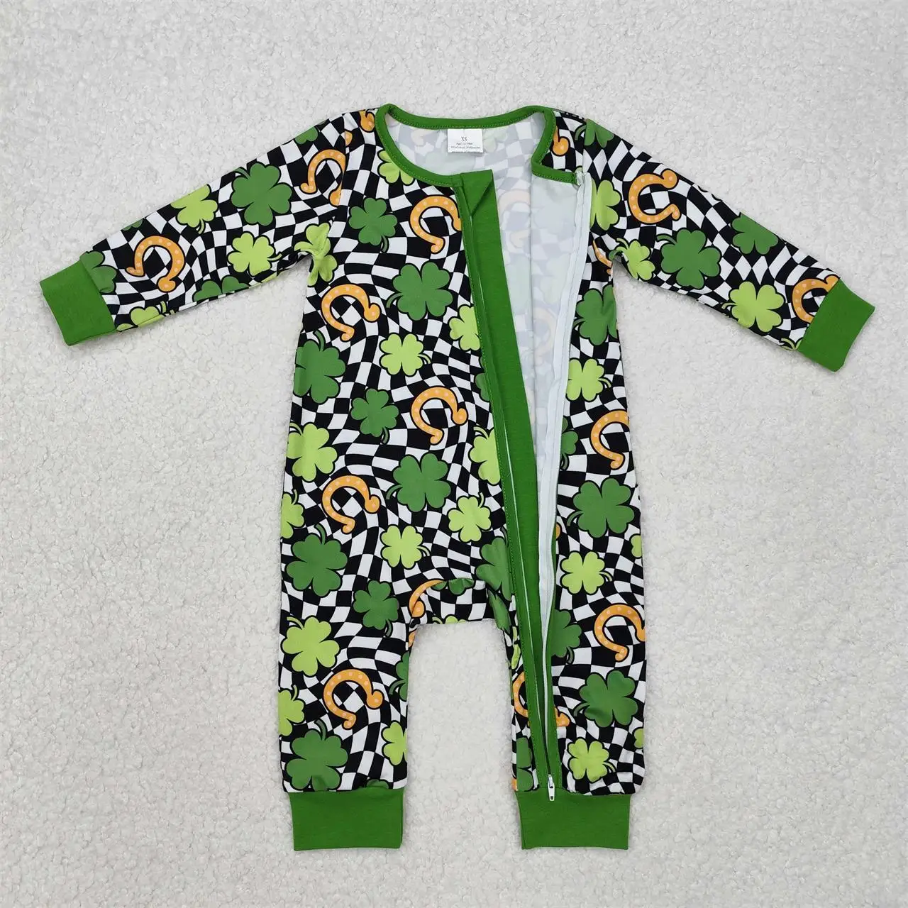 Wholesale Toddler St. Patrick's Day Green Long Sleeves Romper Kids Zipper Baby Boy Newborn Checked Coverall Children Bodysuit