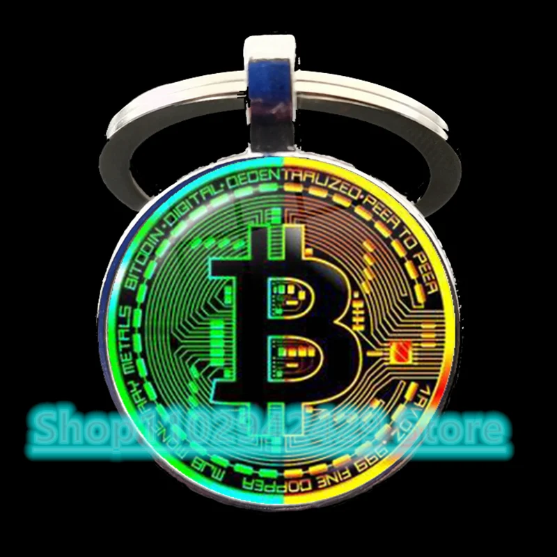 Fashion Bitcoin round glass keychain play house metal pendant classic men's and women's keychain bag car accessories keychain