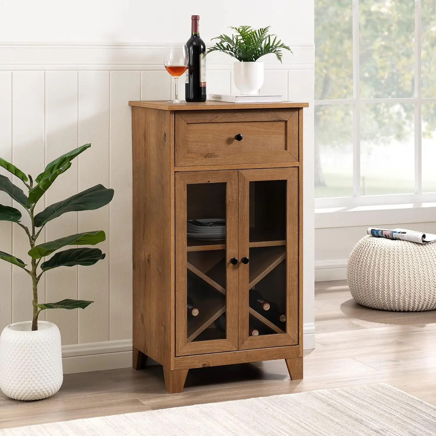 Ronalin Modern Glass-Door Bar Cabinet, 20 Inch, English Oak