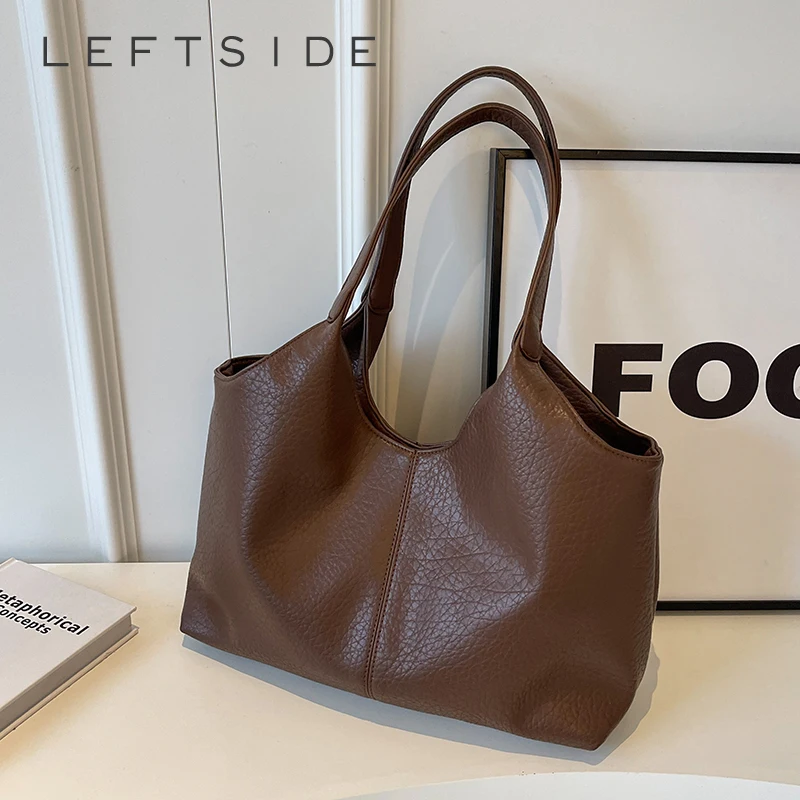 LEFTSIDE Fashion Retro Leather Tote Bags for Women 2023 Tend Females Simple Large Capacity Shoulder Bag Big Solid Color Handbags