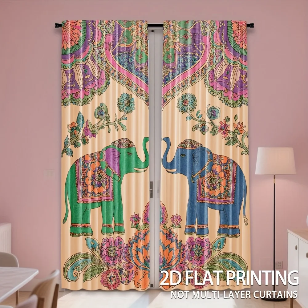 Tribal Elephant Curtain Panels, Decorated Elephant Mandala Bloom Retro Bright Tone Print Drapes for Boho‑Style Apartment Decor
