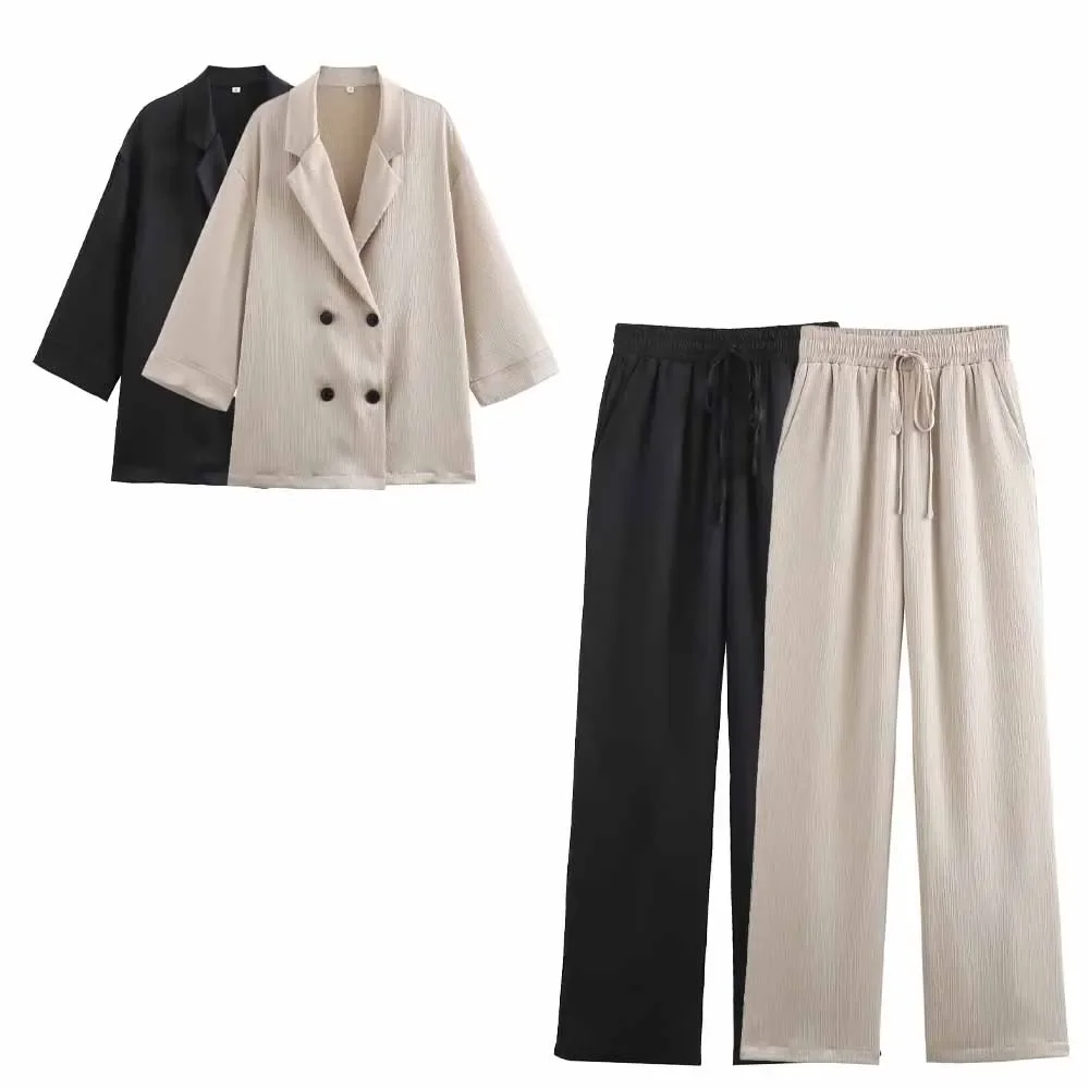 

Women's Suit 2 Pieces 2024 New Fashion Crease Effect Double-breasted Suit Jacket Retro Blouse+elastic Waist Pants Suit